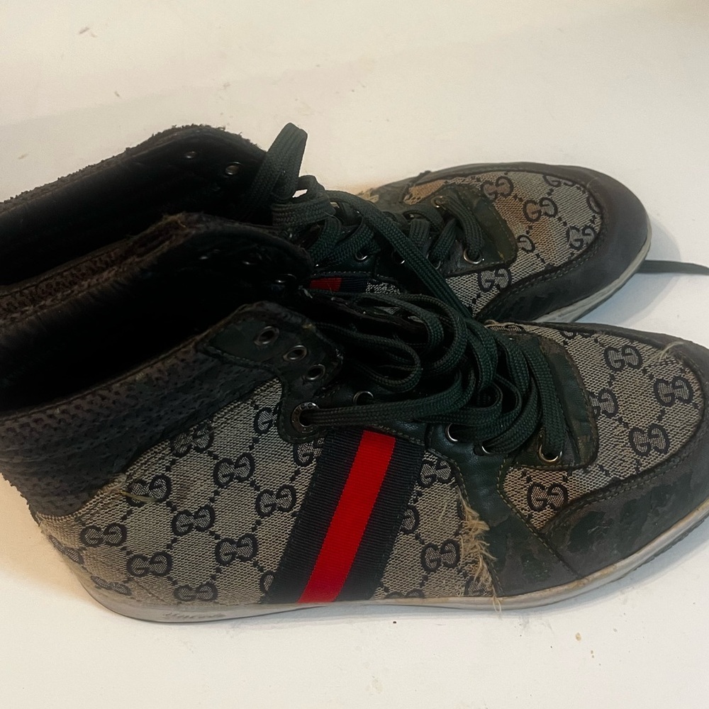 GUCCI MONOGRAM HI COATED CANVAS SNEAKERS PRINTED GG Sz 9 Men FLAWS DIY DIY - Picture 6 of 12